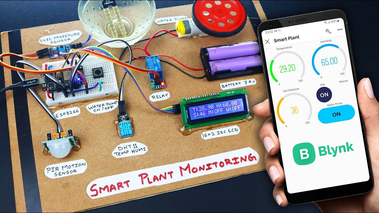 Smart plant monitoring prototype with ESP8266, sensors, relay, pump and LCD